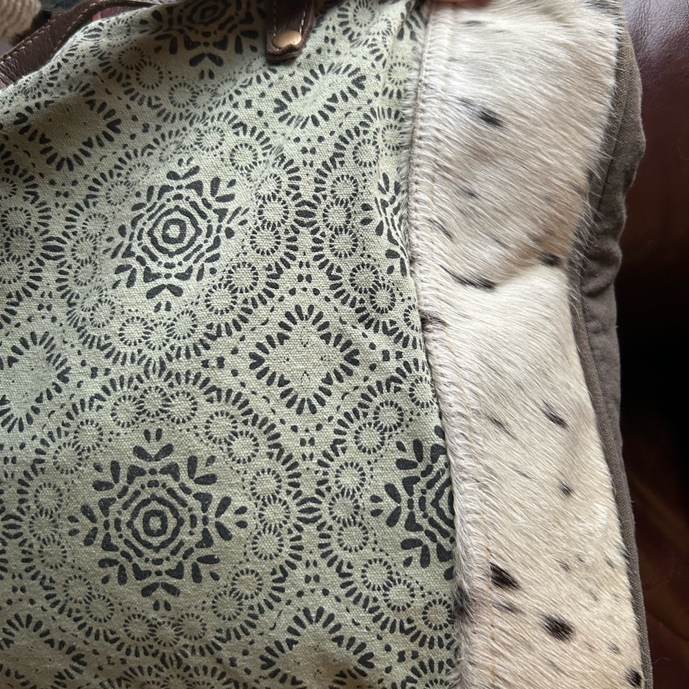 Myra Bag Cowhide, Leather and canvas tote Brown and turquoise Patterned Tote - Picture 4 of 9